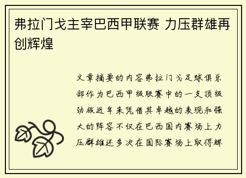 弗拉门戈主宰巴西甲联赛 力压群雄再创辉煌