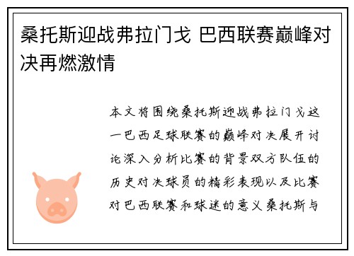 桑托斯迎战弗拉门戈 巴西联赛巅峰对决再燃激情