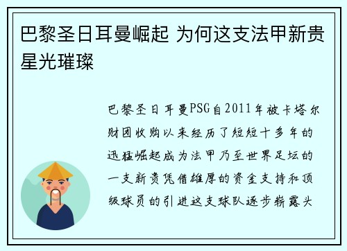 巴黎圣日耳曼崛起 为何这支法甲新贵星光璀璨